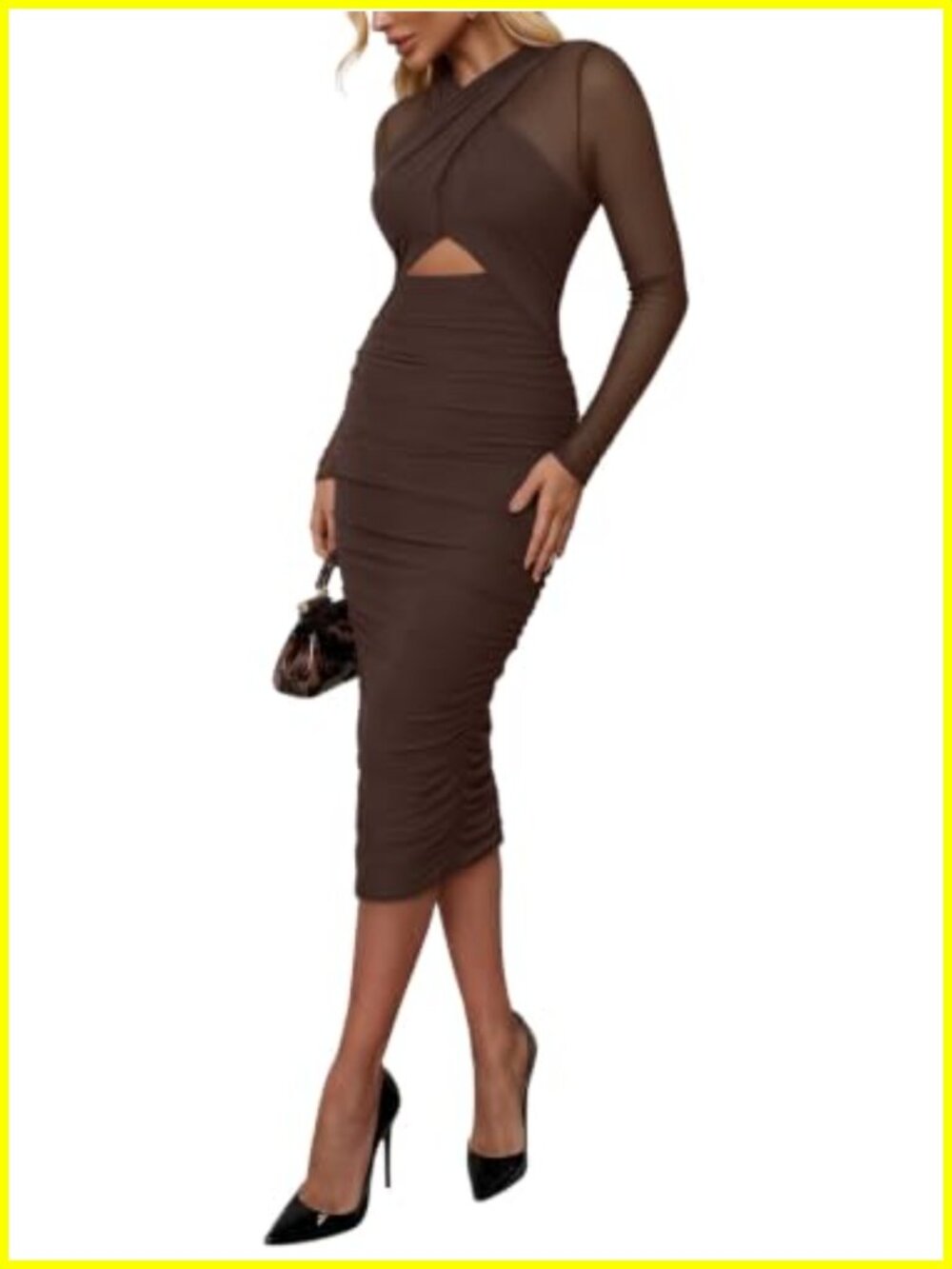 Bodycon Midi Dress Women Long Sleeve Ruched Sheer Mesh Party Office
